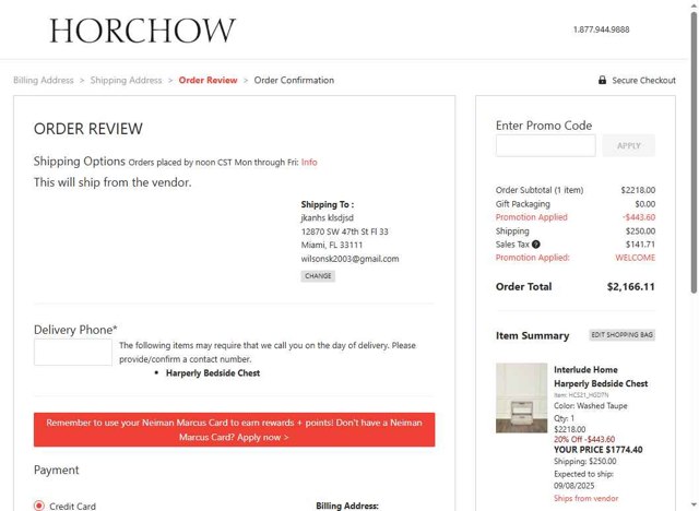 Horchow checkout page showing Horchow promo code box | Screenshot taken by SimplyCodes community member on Aug 11, 2025