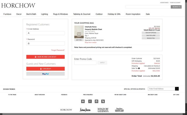 Horchow checkout page showing Horchow promo code box | Screenshot taken by SimplyCodes community member on Aug 23, 2025