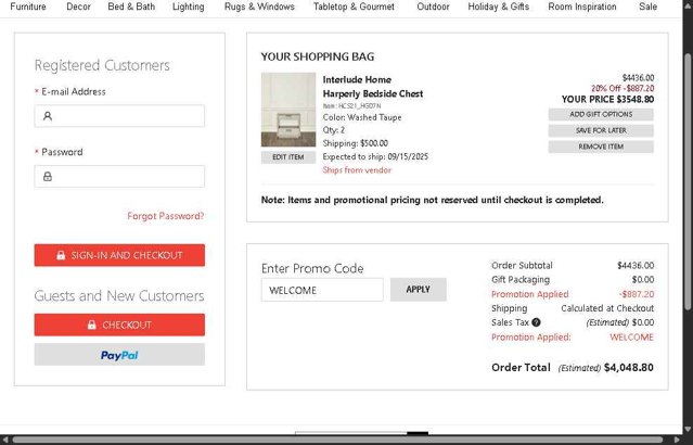 Horchow checkout page showing Horchow promo code box | Screenshot taken by SimplyCodes community member on Aug 17, 2025