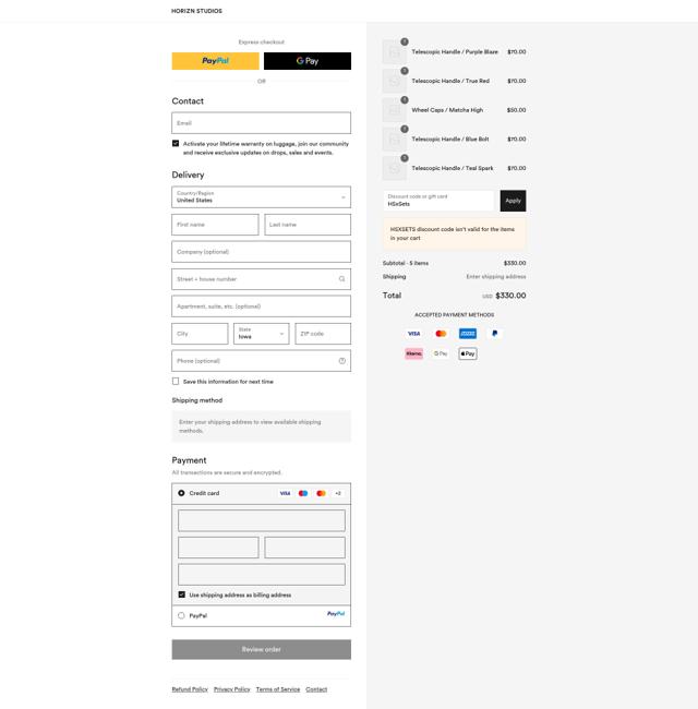 Horizn Studios checkout page showing Horizn Studios discount code box | Screenshot taken by SimplyCodes community member on Sep 14, 2025