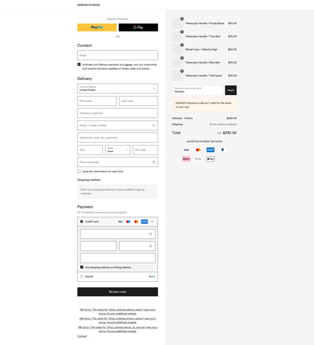 Horizn Studios checkout page showing Horizn Studios discount code box | Screenshot taken by SimplyCodes community member on Aug 29, 2025