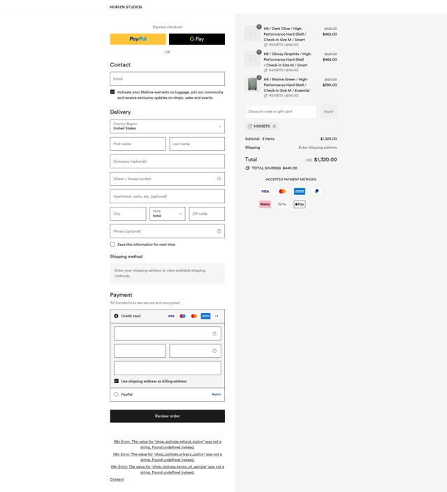 Horizn Studios checkout page showing Horizn Studios discount code box | Screenshot taken by SimplyCodes community member on Aug 20, 2025