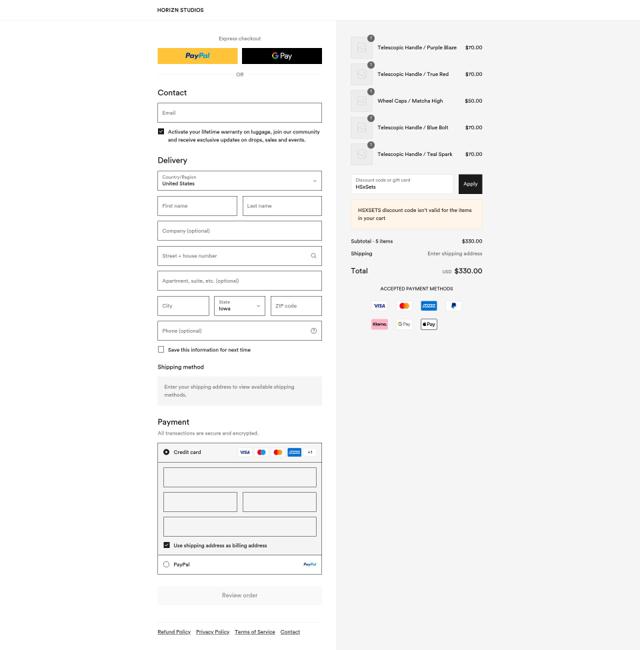 Horizn Studios checkout page showing Horizn Studios discount code box | Screenshot taken by SimplyCodes community member on Sep 6, 2025