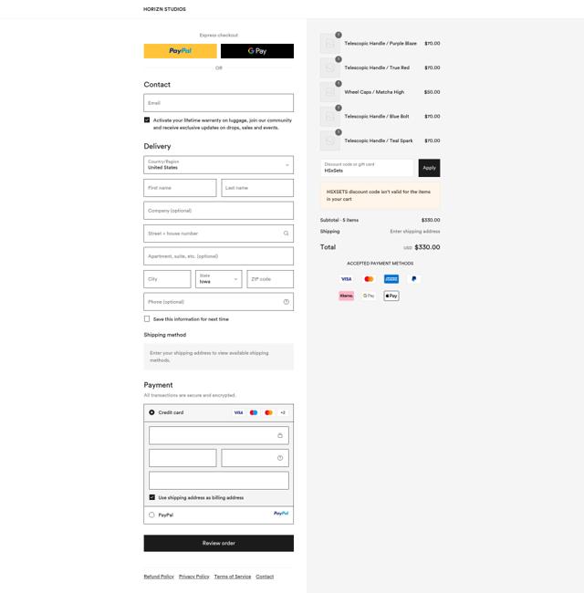 Horizn Studios checkout page showing Horizn Studios discount code box | Screenshot taken by SimplyCodes community member on Sep 10, 2025