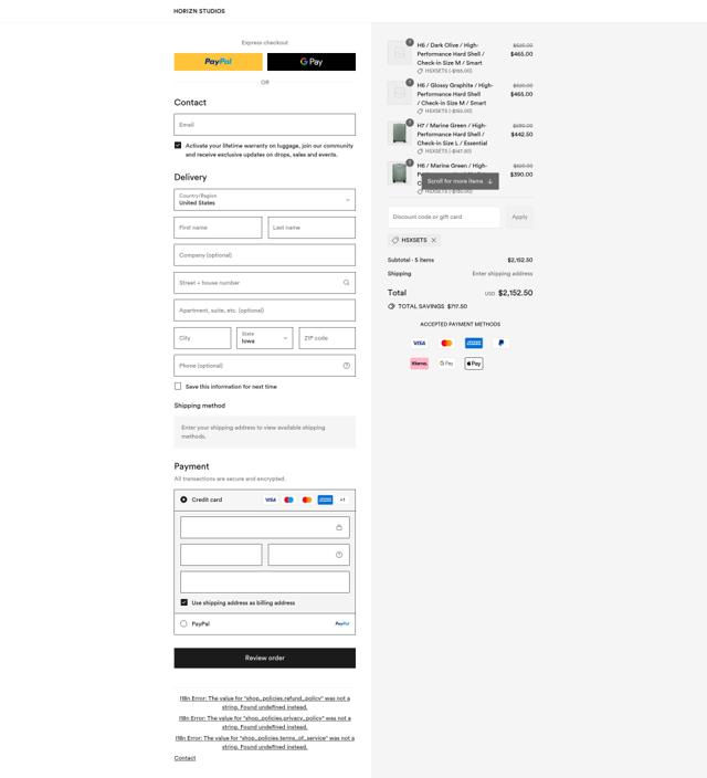 Horizn Studios checkout page showing Horizn Studios discount code box | Screenshot taken by SimplyCodes community member on Aug 15, 2025