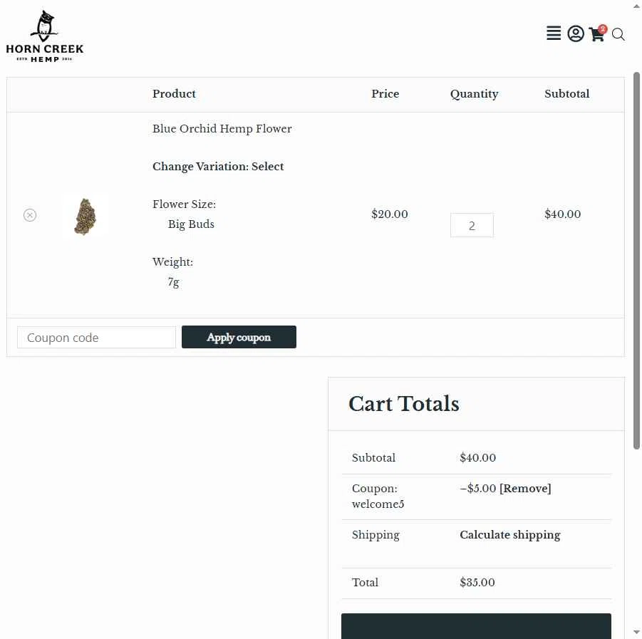 Horn Creek Hemp checkout page showing Horn Creek Hemp promo code box | Screenshot taken by SimplyCodes community member on Jan 6, 2026