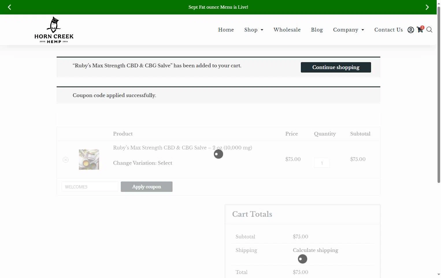 Horn Creek Hemp checkout page showing Horn Creek Hemp promo code box | Screenshot taken by SimplyCodes community member on Sep 15, 2025