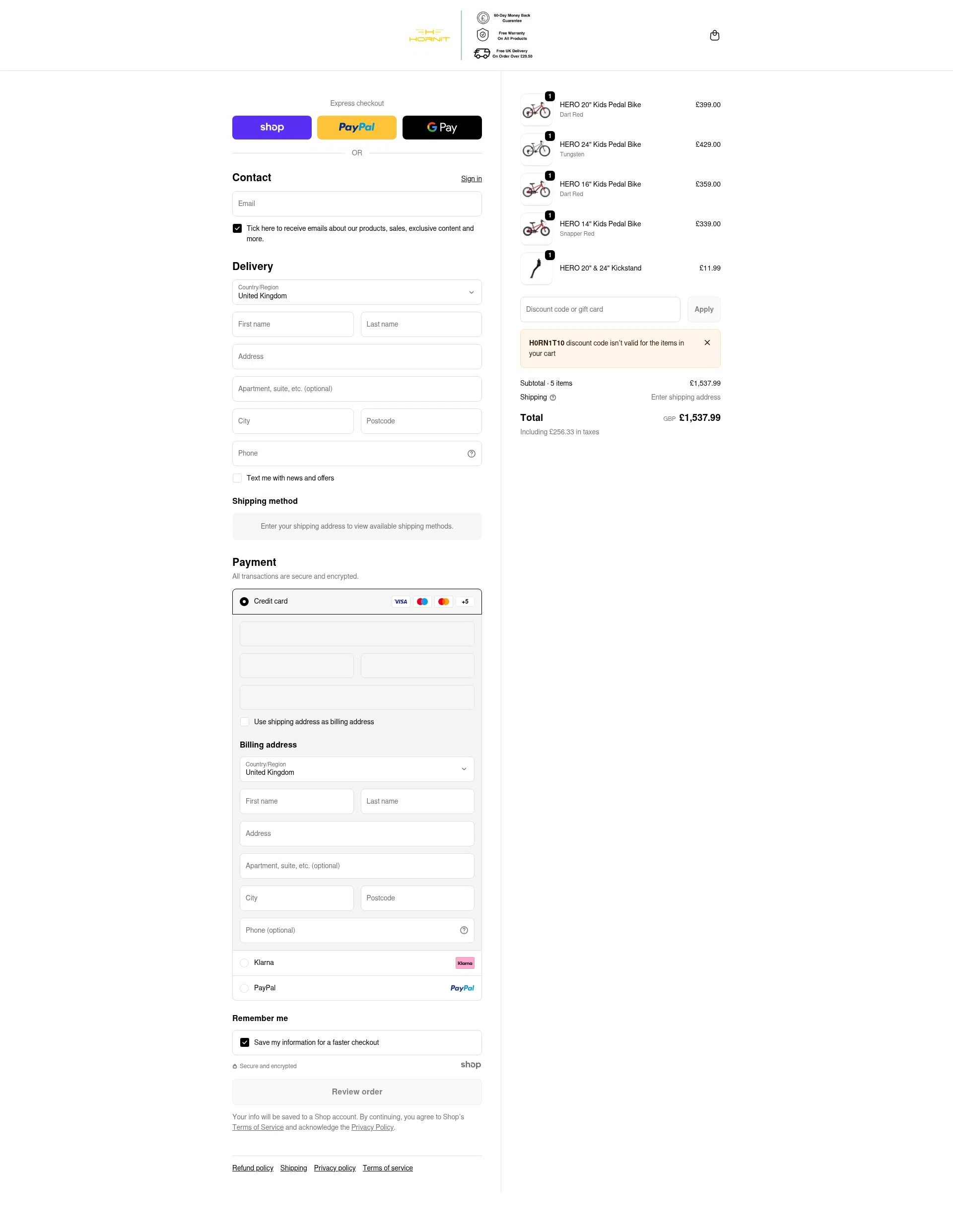 Hornit UK checkout page showing Hornit UK promo code box | Screenshot taken by SimplyCodes community member on Jan 12, 2026