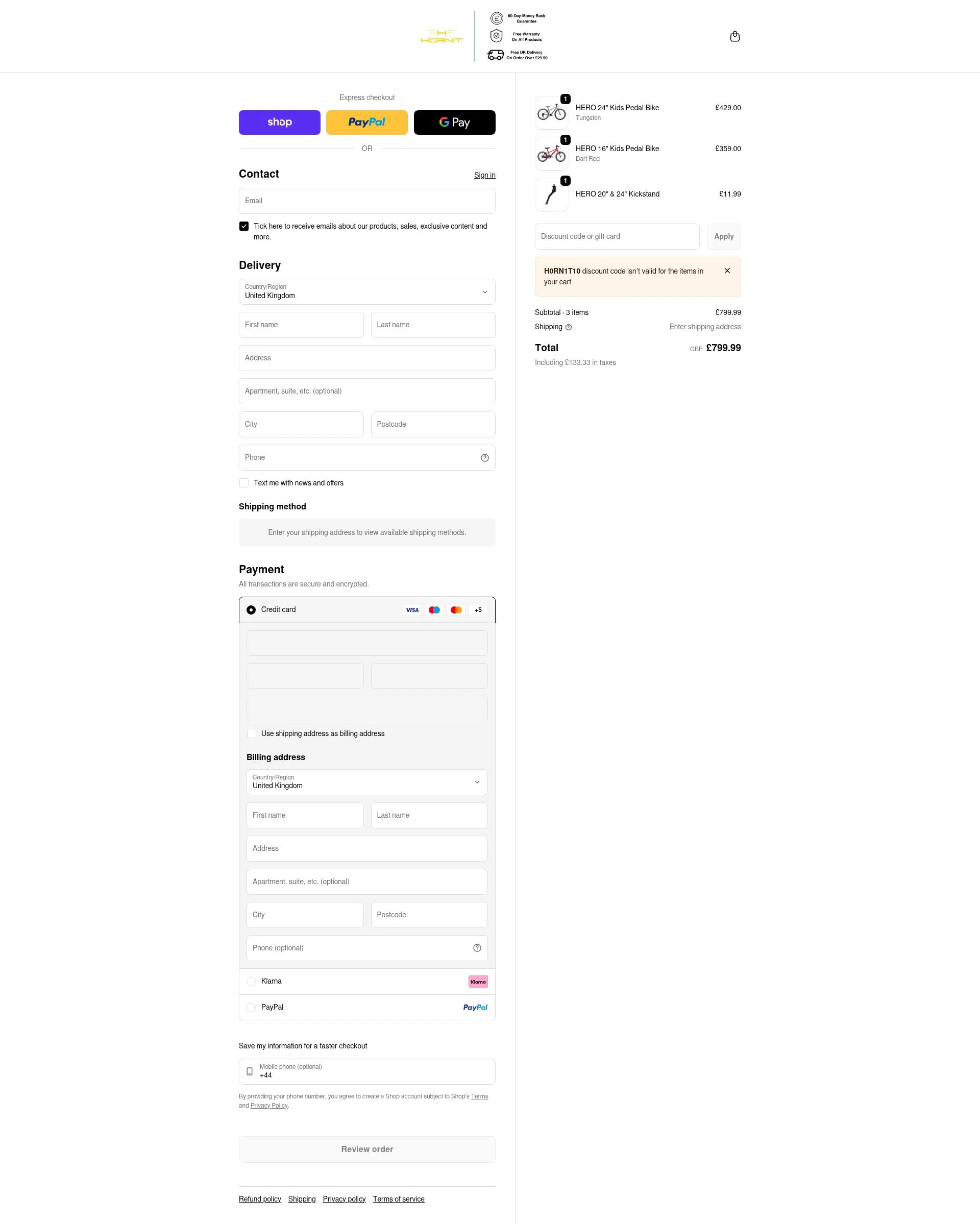 Hornit UK checkout page showing Hornit UK promo code box | Screenshot taken by SimplyCodes community member on Feb 9, 2026