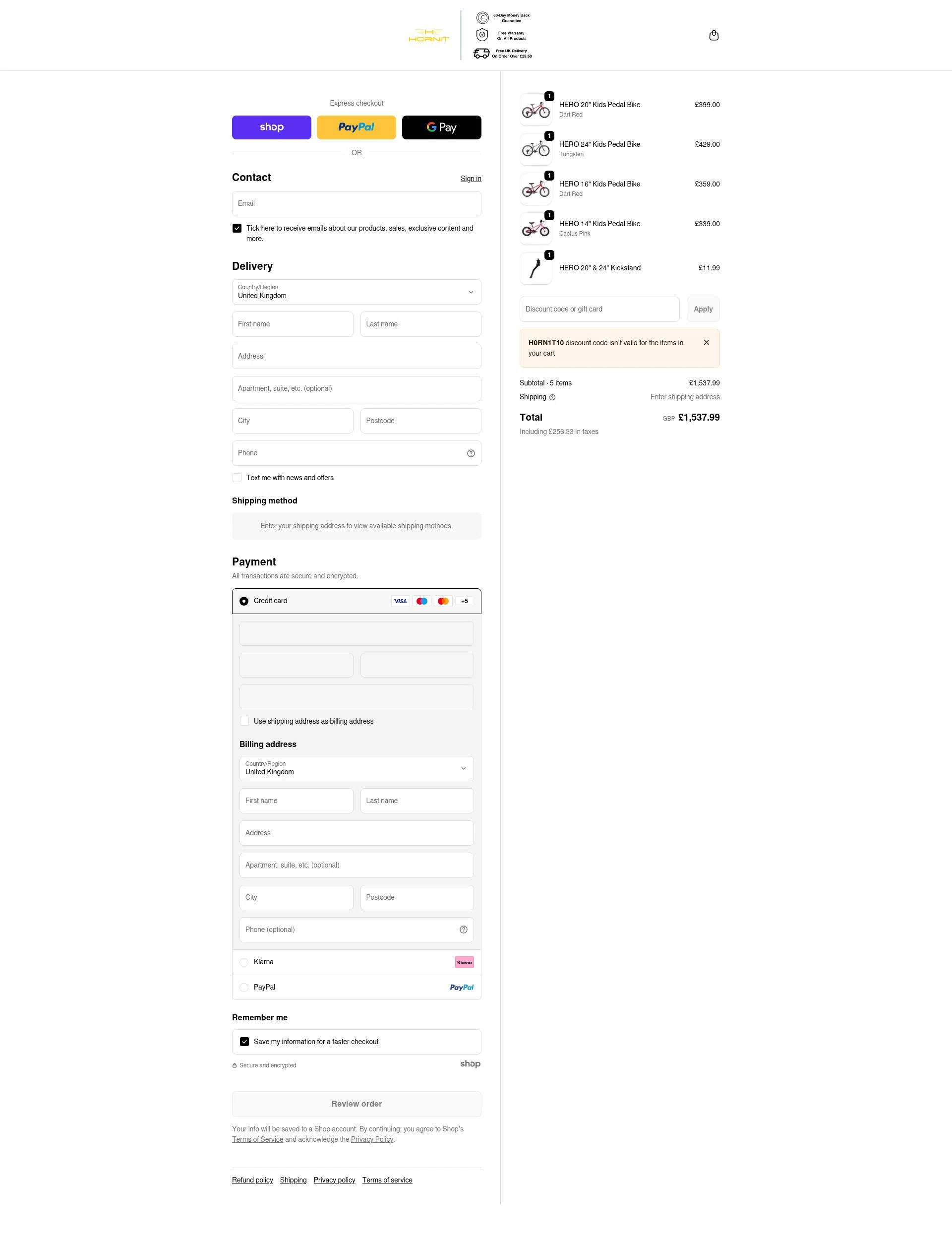 Hornit UK checkout page showing Hornit UK promo code box | Screenshot taken by SimplyCodes community member on Jan 22, 2026