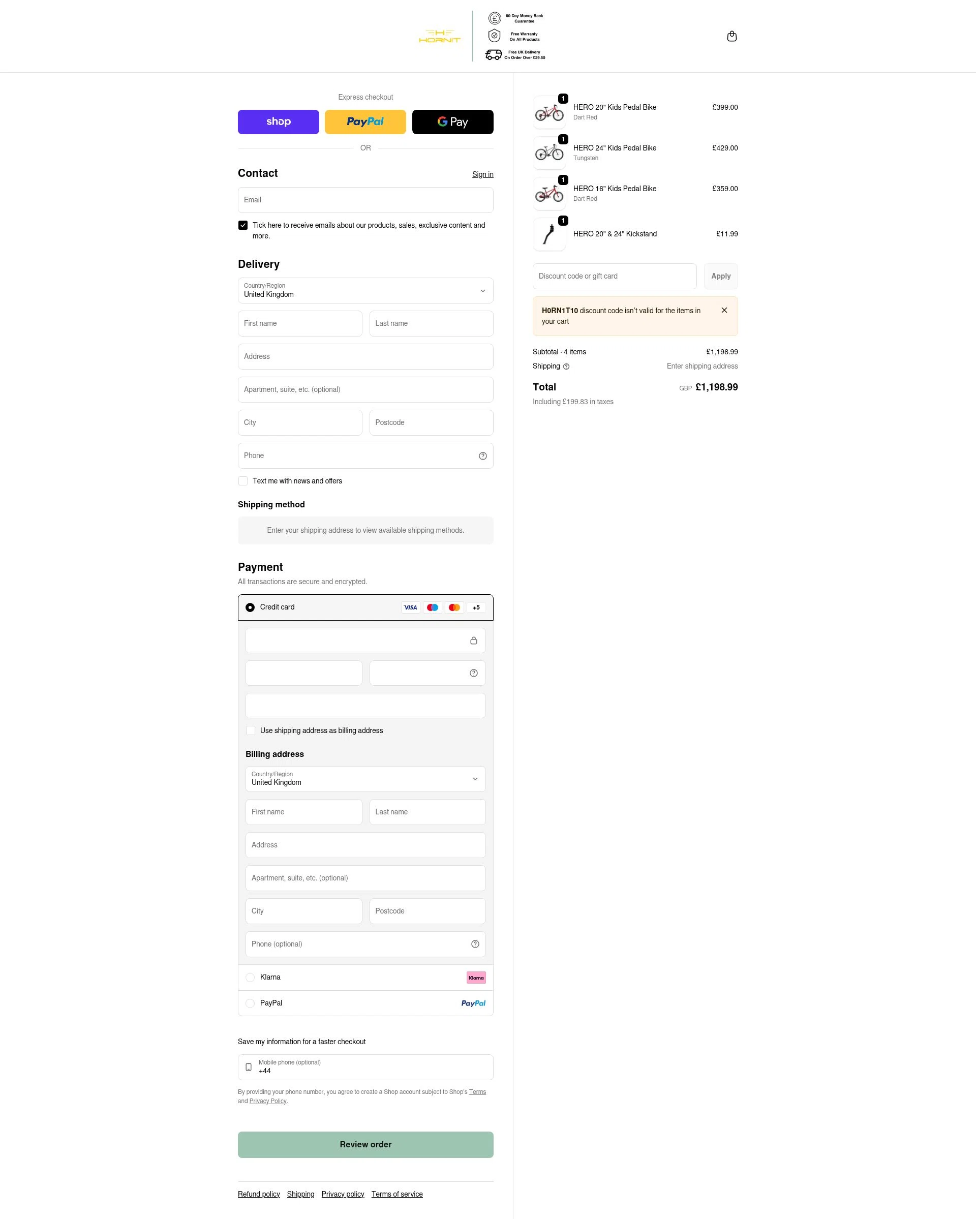 Hornit UK checkout page showing Hornit UK promo code box | Screenshot taken by SimplyCodes community member on Feb 13, 2026