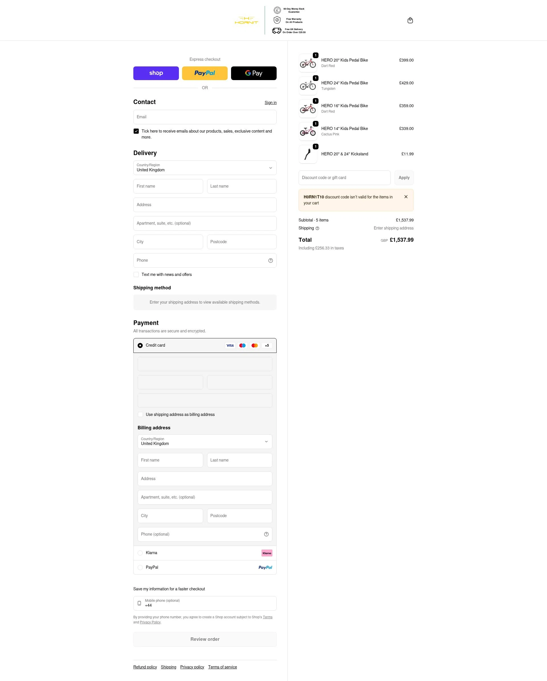 Hornit UK checkout page showing Hornit UK promo code box | Screenshot taken by SimplyCodes community member on Jan 17, 2026