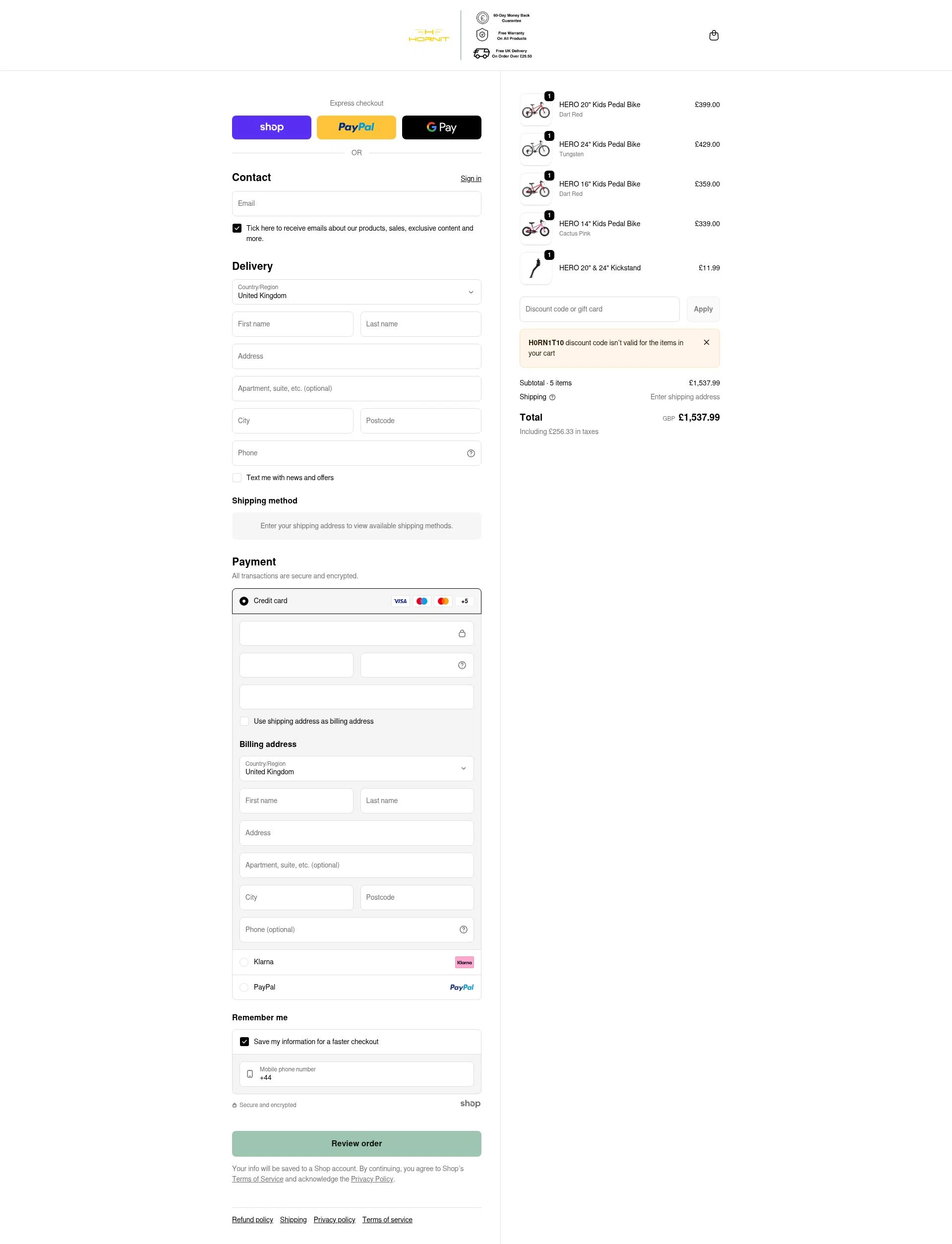Hornit UK checkout page showing Hornit UK promo code box | Screenshot taken by SimplyCodes community member on Jan 27, 2026