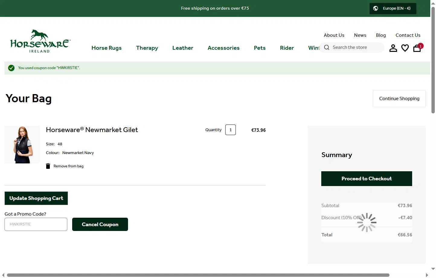 Horseware Ireland checkout page showing Horseware Ireland promo code box | Screenshot taken by SimplyCodes community member on Dec 29, 2025