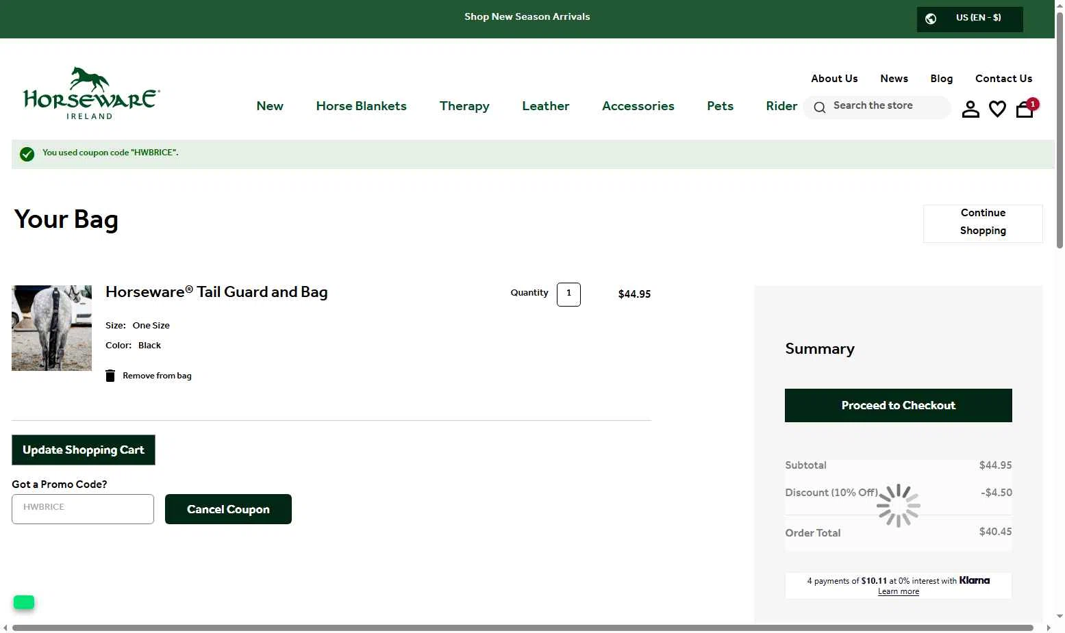 Horseware Ireland checkout page showing Horseware Ireland promo code box | Screenshot taken by SimplyCodes community member on Sep 4, 2025