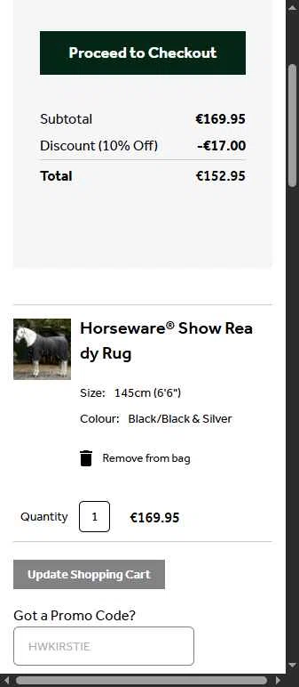 Horseware Ireland checkout page showing Horseware Ireland promo code box | Screenshot taken by SimplyCodes community member on Jan 27, 2026