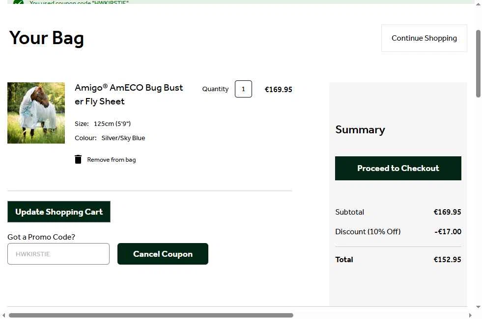 Horseware Ireland checkout page showing Horseware Ireland promo code box | Screenshot taken by SimplyCodes community member on Oct 3, 2025