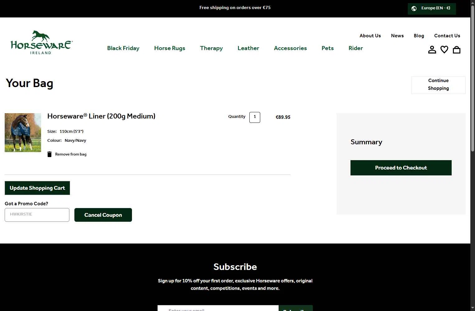 Horseware Ireland checkout page showing Horseware Ireland promo code box | Screenshot taken by SimplyCodes community member on Nov 30, 2025