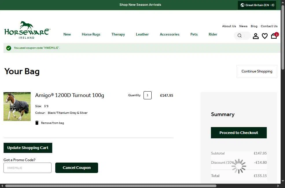 Horseware Ireland checkout page showing Horseware Ireland promo code box | Screenshot taken by SimplyCodes community member on Sep 4, 2025