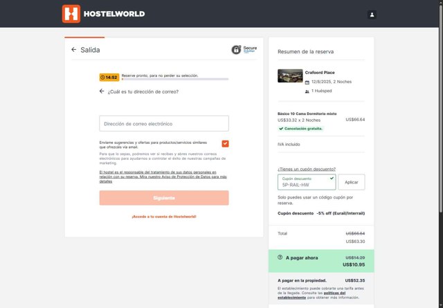 Hostelworld checkout page showing Hostelworld discount code box | Screenshot taken by SimplyCodes community member on Jul 24, 2025