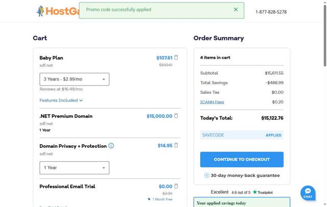 HostGator checkout page showing HostGator promo code box | Screenshot taken by SimplyCodes community member on Aug 19, 2025