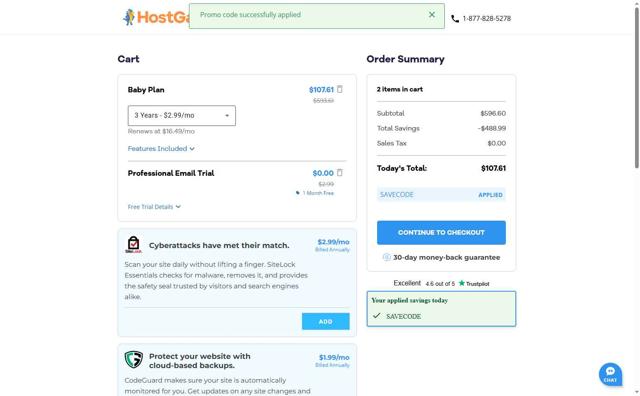 HostGator checkout page showing HostGator promo code box | Screenshot taken by SimplyCodes community member on Aug 19, 2025