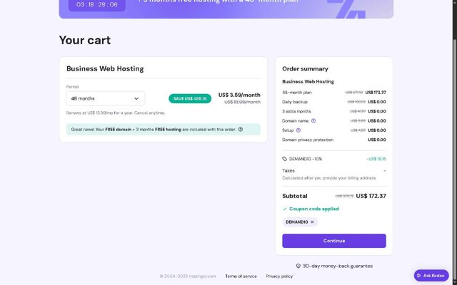 Hostinger checkout page showing Hostinger coupon code box | Screenshot taken by SimplyCodes community member on Aug 18, 2025