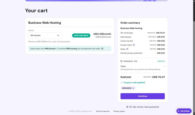Hostinger checkout page showing Hostinger coupon code box | Screenshot taken by SimplyCodes community member on Aug 21, 2025