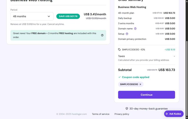 Hostinger checkout page showing Hostinger coupon code box | Screenshot taken by SimplyCodes community member on Aug 26, 2025