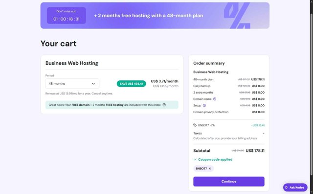 Hostinger checkout page showing Hostinger coupon code box | Screenshot taken by SimplyCodes community member on Aug 17, 2025