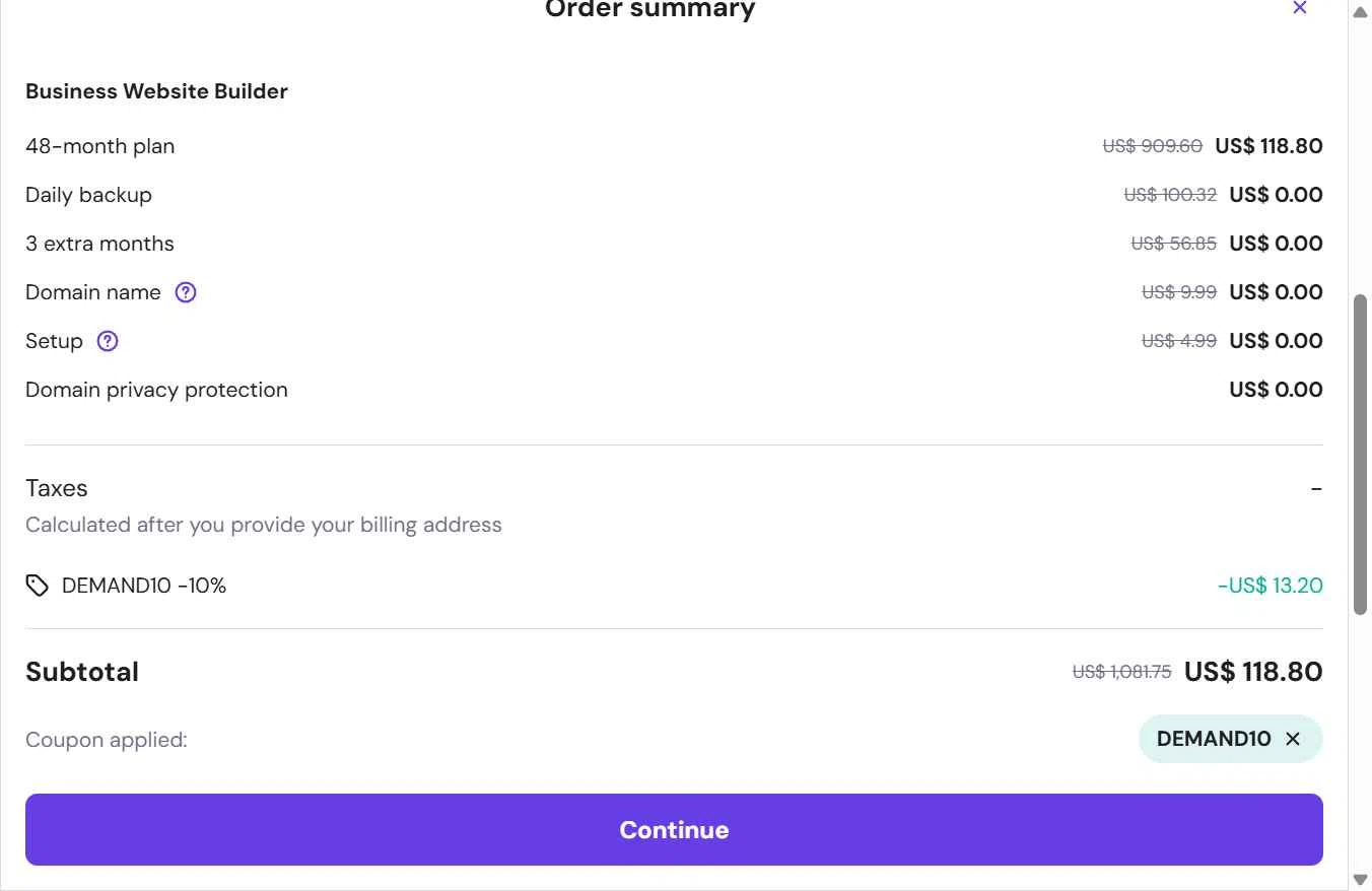Hostinger Website Builder checkout page showing Hostinger Website Builder coupon code box | Screenshot taken by SimplyCodes community member on Nov 12, 2025