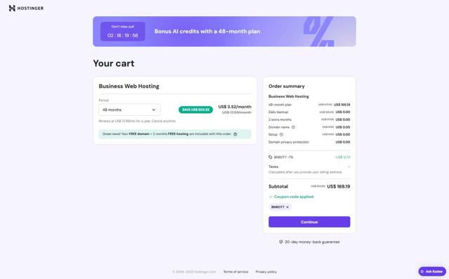 Hostinger Website Builder checkout page showing Hostinger Website Builder coupon code box | Screenshot taken by SimplyCodes community member on Jul 18, 2025