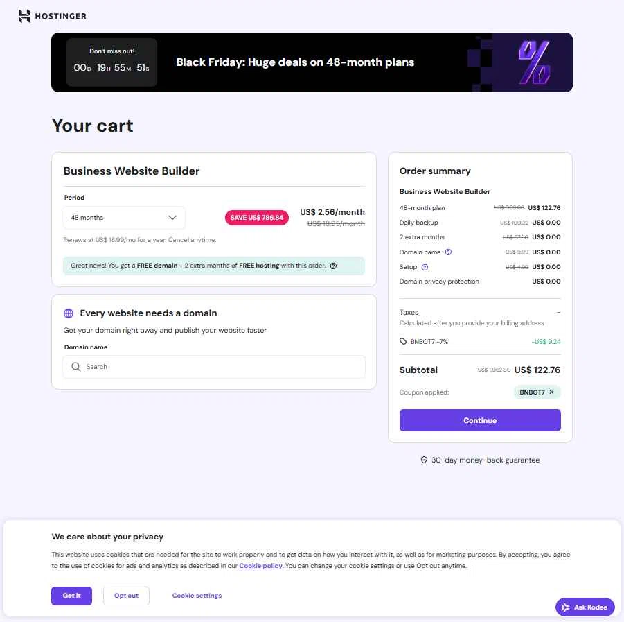 Hostinger Website Builder checkout page showing Hostinger Website Builder coupon code box | Screenshot taken by SimplyCodes community member on Nov 11, 2025