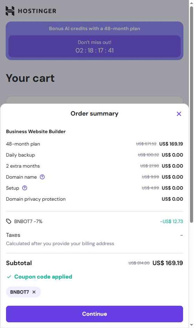 Hostinger Website Builder checkout page showing Hostinger Website Builder coupon code box | Screenshot taken by SimplyCodes community member on Jul 18, 2025