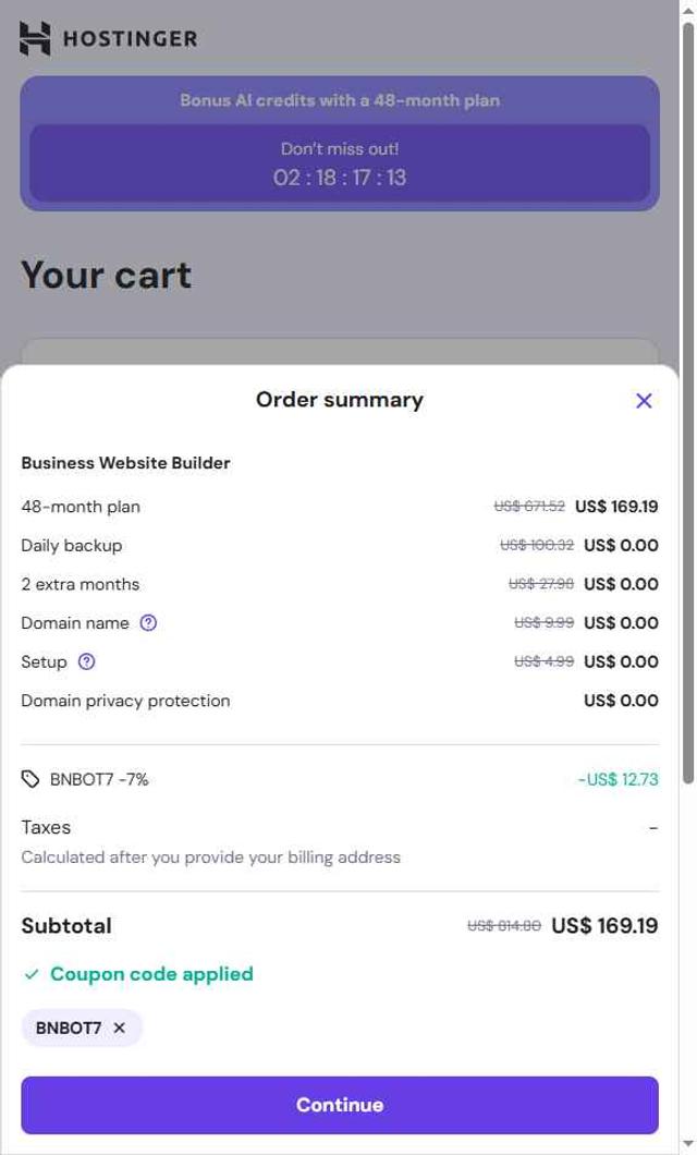 Hostinger Website Builder checkout page showing Hostinger Website Builder coupon code box | Screenshot taken by SimplyCodes community member on Jul 18, 2025
