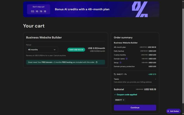 Hostinger Website Builder checkout page showing Hostinger Website Builder coupon code box | Screenshot taken by SimplyCodes community member on Jul 18, 2025