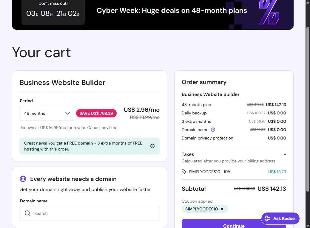 Hostinger Website Builder checkout page showing Hostinger Website Builder coupon code box | Screenshot taken by SimplyCodes community member on Dec 9, 2025