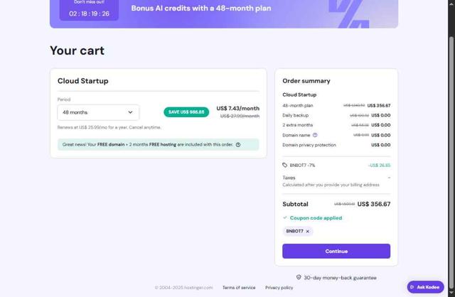 Hostinger Website Builder checkout page showing Hostinger Website Builder coupon code box | Screenshot taken by SimplyCodes community member on Jul 18, 2025