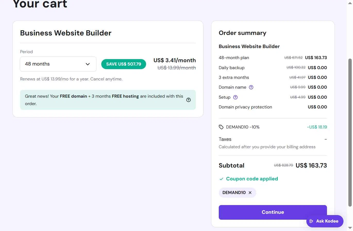 Hostinger Website Builder checkout page showing Hostinger Website Builder coupon code box | Screenshot taken by SimplyCodes community member on Aug 25, 2025