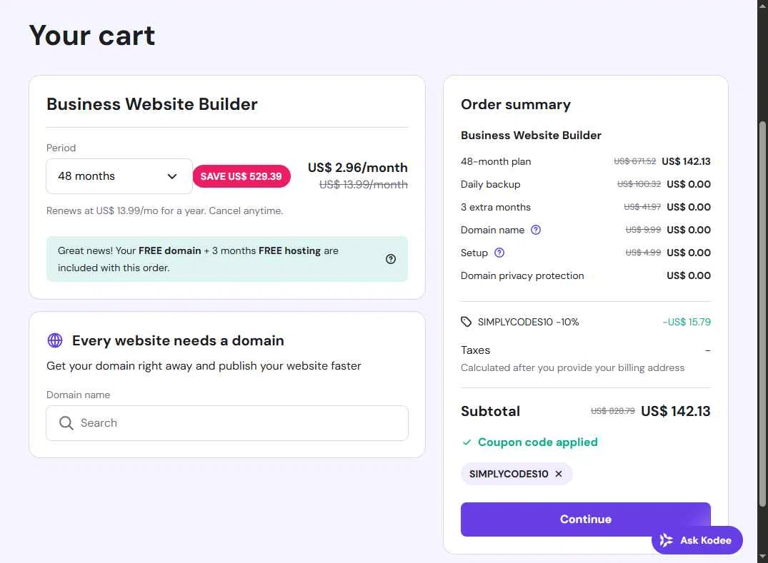 Hostinger Website Builder checkout page showing Hostinger Website Builder coupon code box | Screenshot taken by SimplyCodes community member on Oct 16, 2025