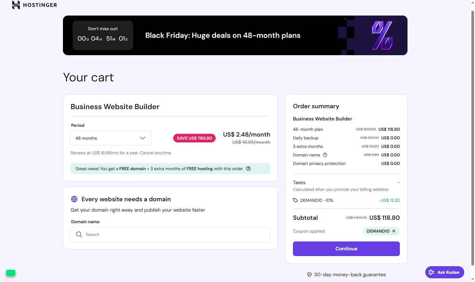 Hostinger Website Builder checkout page showing Hostinger Website Builder coupon code box | Screenshot taken by SimplyCodes community member on Nov 23, 2025