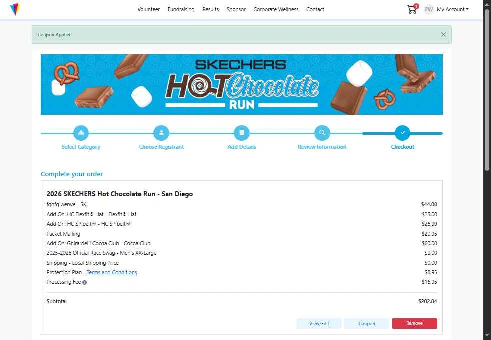 Hot Chocolate 15K/5K checkout page showing Hot Chocolate 15K/5K promo code box | Screenshot taken by SimplyCodes community member on Oct 21, 2025