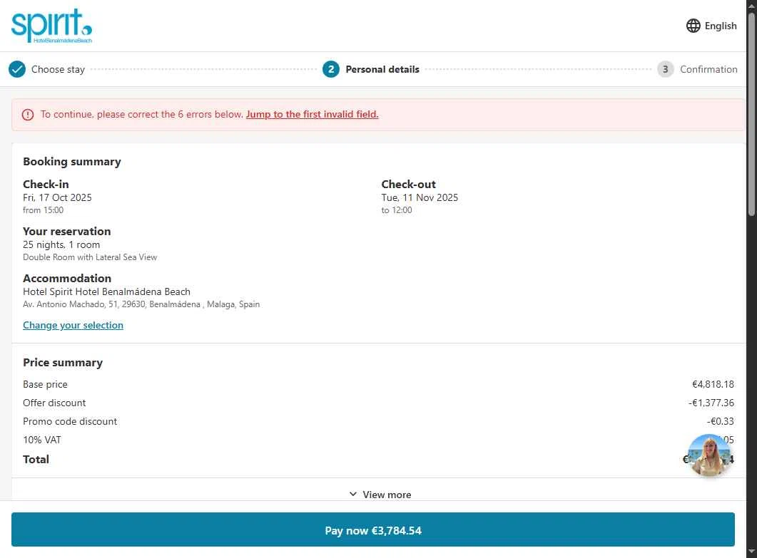Spirit Hotel Benalmadena Beach checkout page showing Spirit Hotel Benalmadena Beach promo code box | Screenshot taken by SimplyCodes community member on Sep 3, 2025