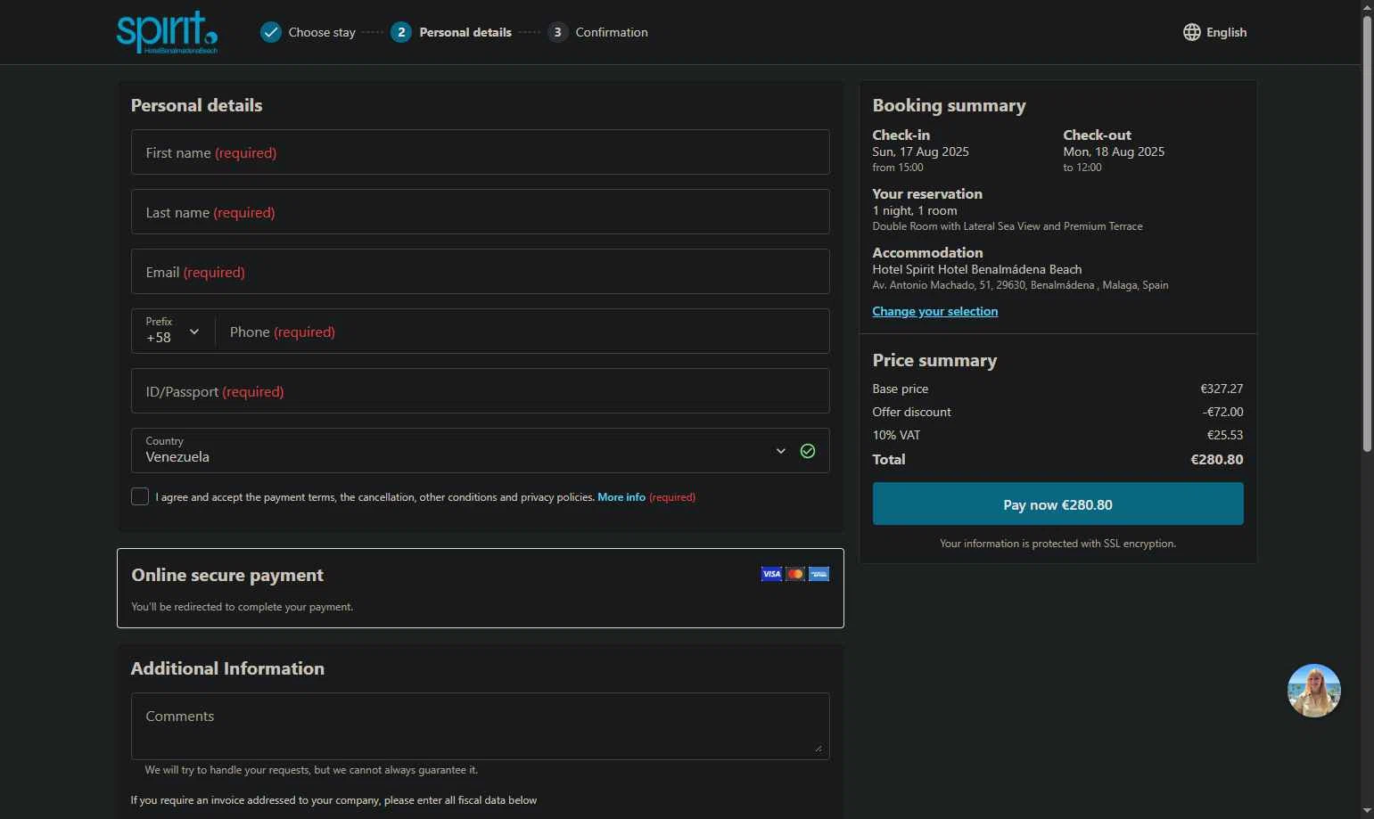 Spirit Hotel Benalmadena Beach checkout page showing Spirit Hotel Benalmadena Beach promo code box | Screenshot taken by SimplyCodes community member on Jul 5, 2025