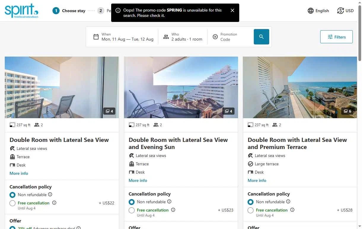 Spirit Hotel Benalmadena Beach checkout page showing Spirit Hotel Benalmadena Beach promo code box | Screenshot taken by SimplyCodes community member on Jul 20, 2025