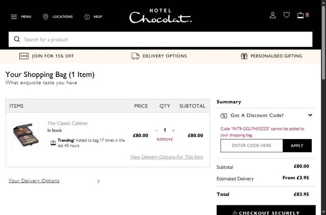 Hotel Chocolat checkout page showing Hotel Chocolat discount code box | Screenshot taken by SimplyCodes community member on May 27, 2025