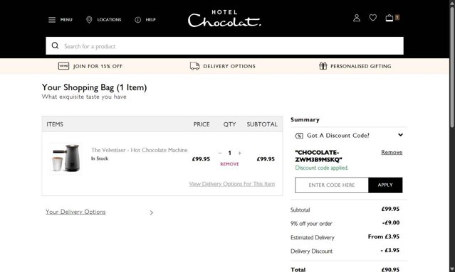 Hotel Chocolat checkout page showing Hotel Chocolat discount code box | Screenshot taken by SimplyCodes community member on Jul 2, 2025