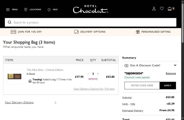 Hotel Chocolat checkout page showing Hotel Chocolat discount code box | Screenshot taken by SimplyCodes community member on May 27, 2025