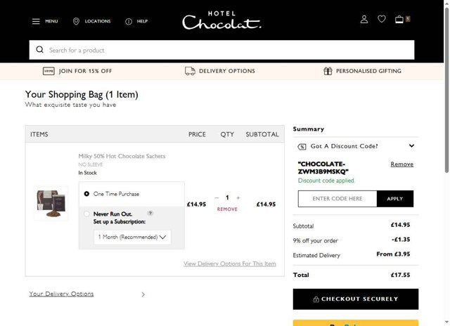 Hotel Chocolat checkout page showing Hotel Chocolat discount code box | Screenshot taken by SimplyCodes community member on Jun 19, 2025