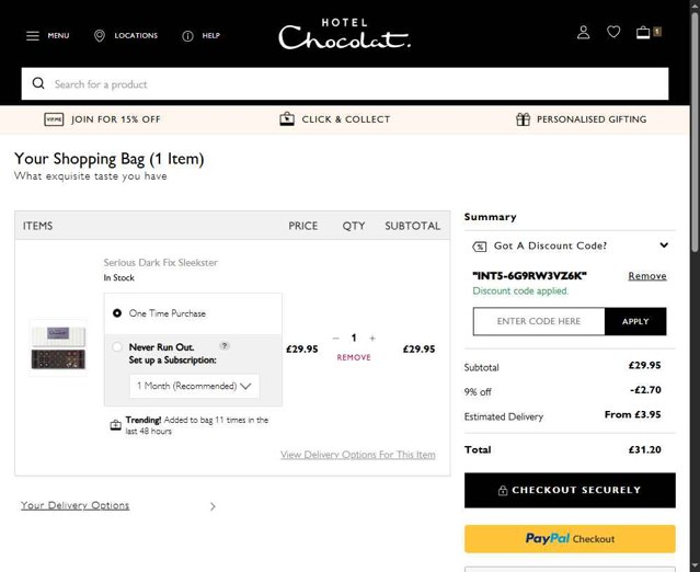 Hotel Chocolat checkout page showing Hotel Chocolat discount code box | Screenshot taken by SimplyCodes community member on Aug 30, 2025